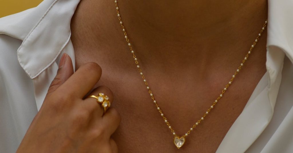 Close-up of a woman displaying a heart-shaped pendant and elegant ring against a yellow backdrop.