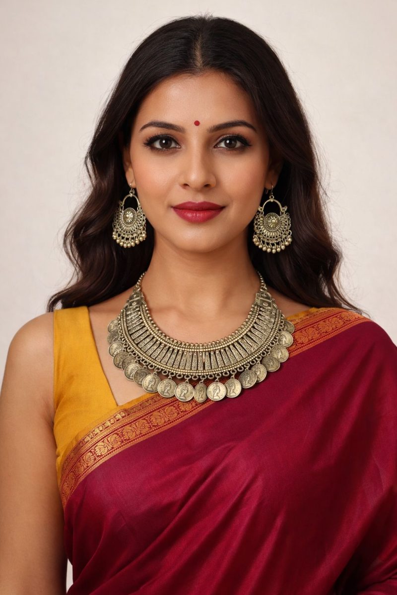 Woman wearing oxidised coin necklace set with matching earrings, traditional ethnic jewellery for saree and festive wear.