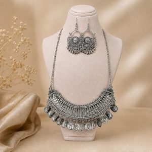 oxidesed coin necklace set on stand front view