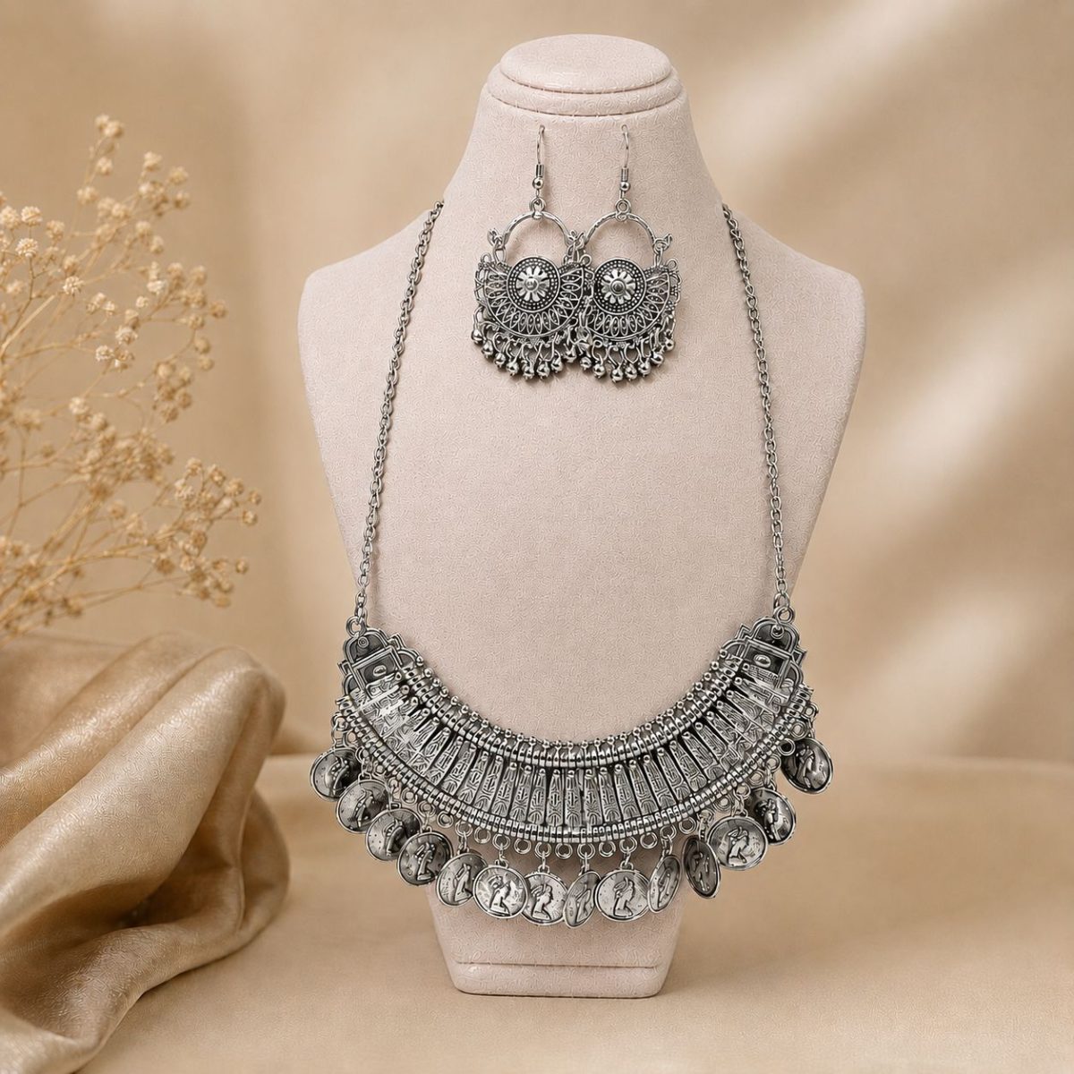 oxidesed coin necklace set on stand front view