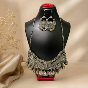 Oxidised coin necklace set with matching earrings for women, antique silver tribal ethnic jewellery set.