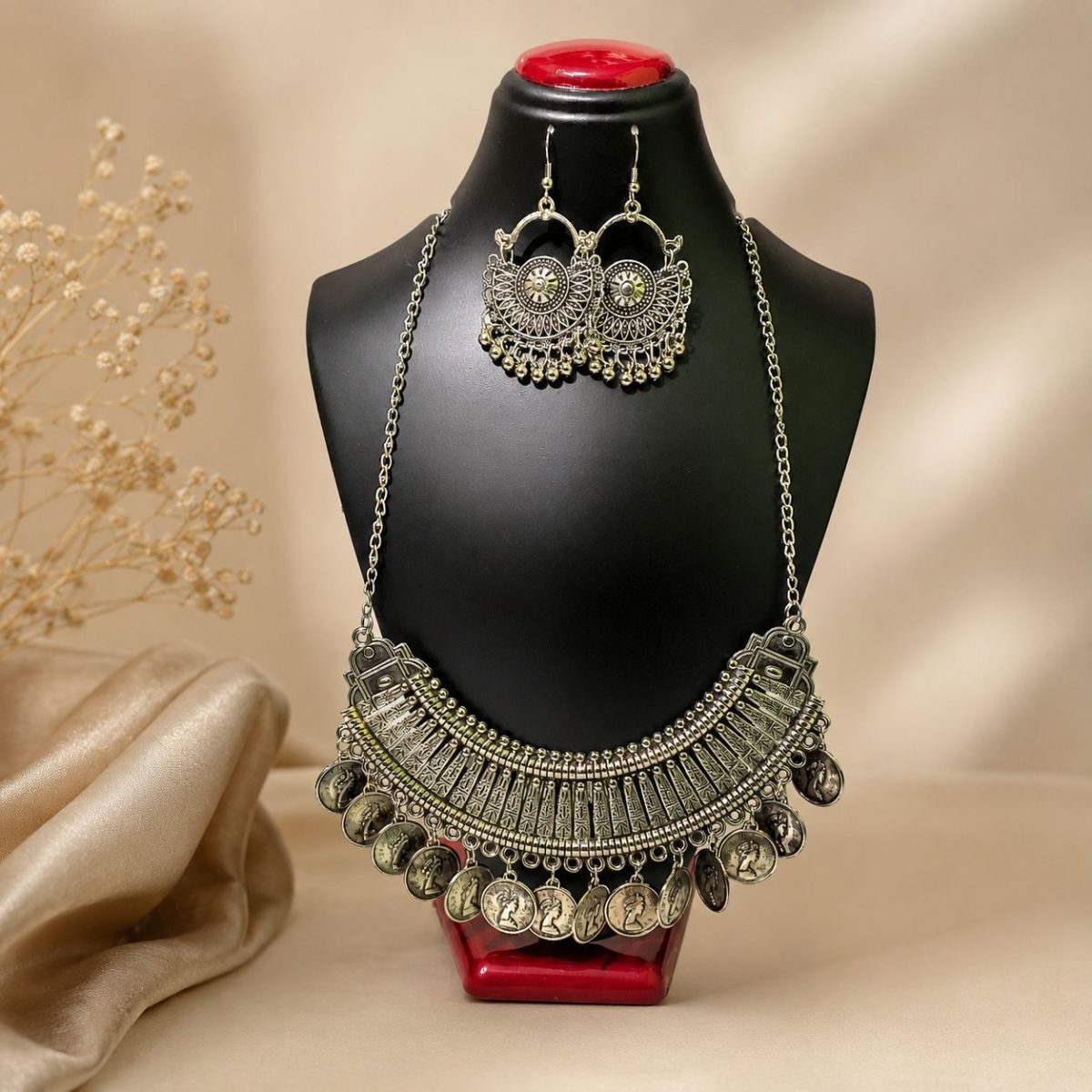Oxidised coin necklace set with matching earrings for women, antique silver tribal ethnic jewellery set.