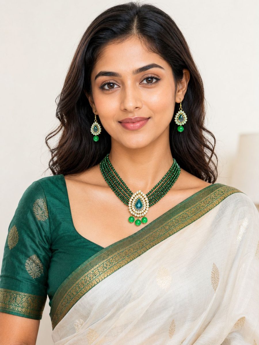 Green beaded Kundan necklace set worn by model with matching earrings