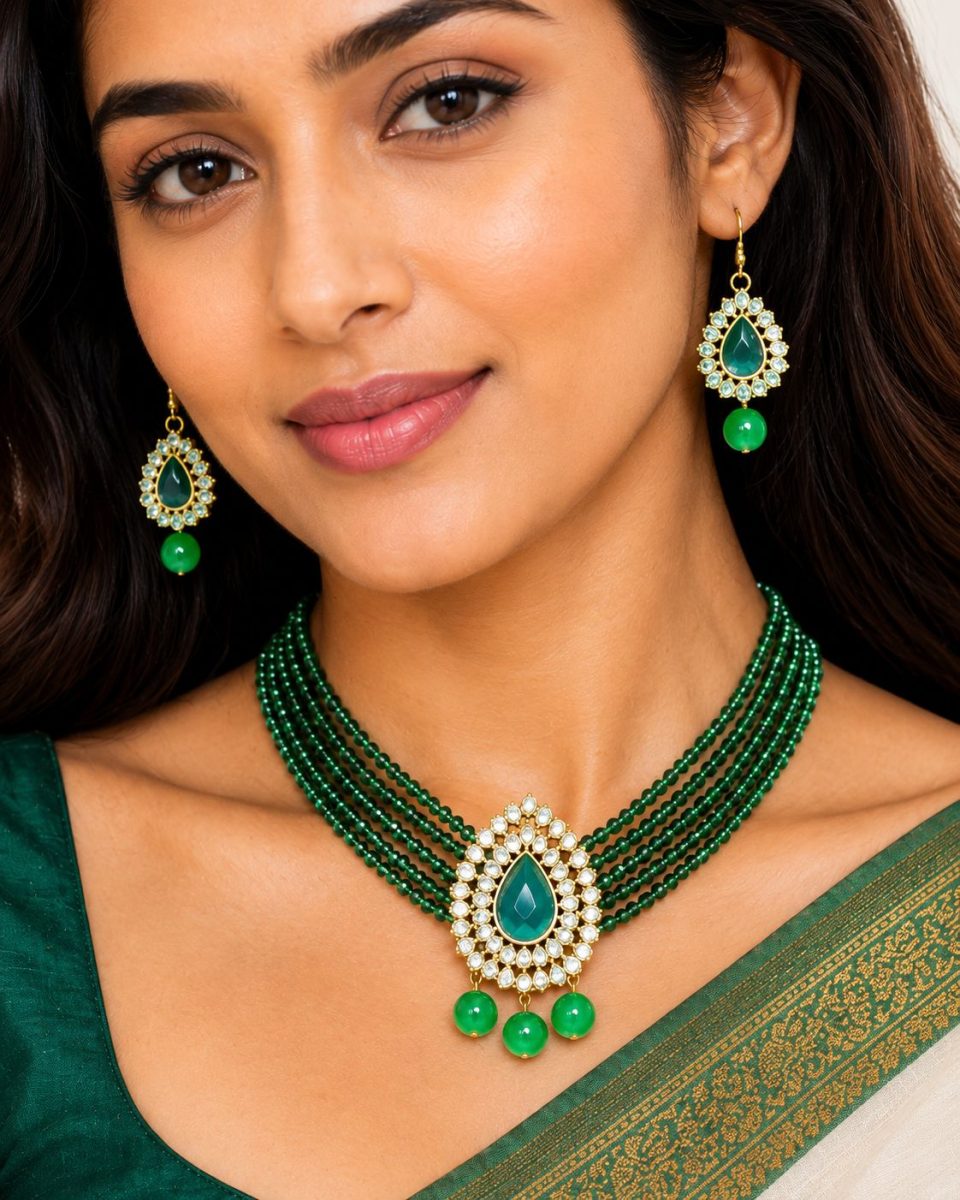 Close-up view of green beaded Kundan necklace pendant with decorative bead drops