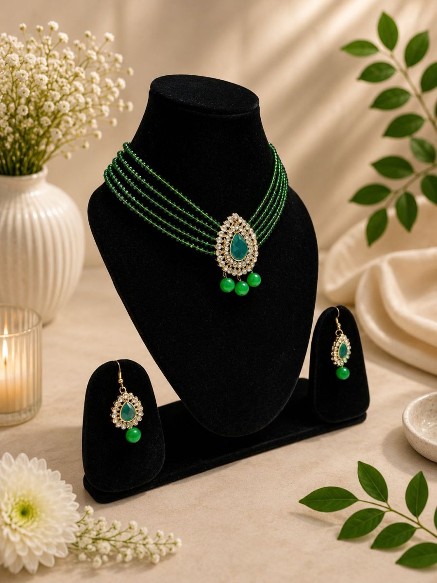 Traditional green necklace set for women with matching drop earrings