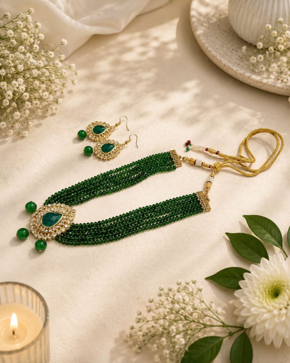 Green beaded necklace set with teardrop pendant and matching earrings flat lay
