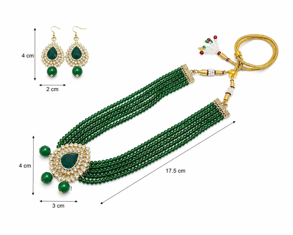 Green Kundan necklace set with dimensions