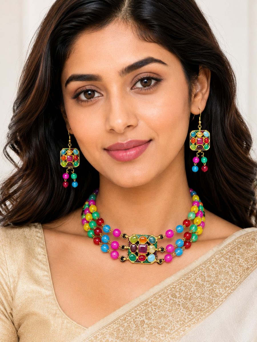 Close-up view of colorful beaded necklace pendant with multicolor stone design