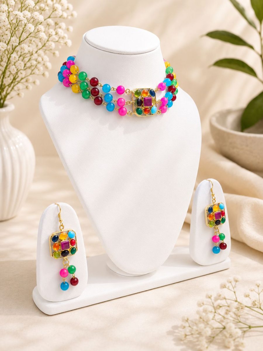 Traditional multicolor necklace set for women with matching drop earrings