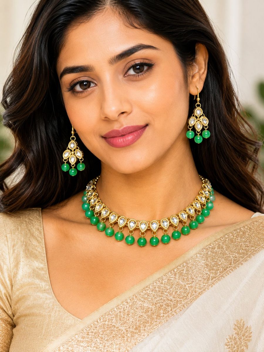 Woman wearing green Kundan choker necklace set with matching earrings