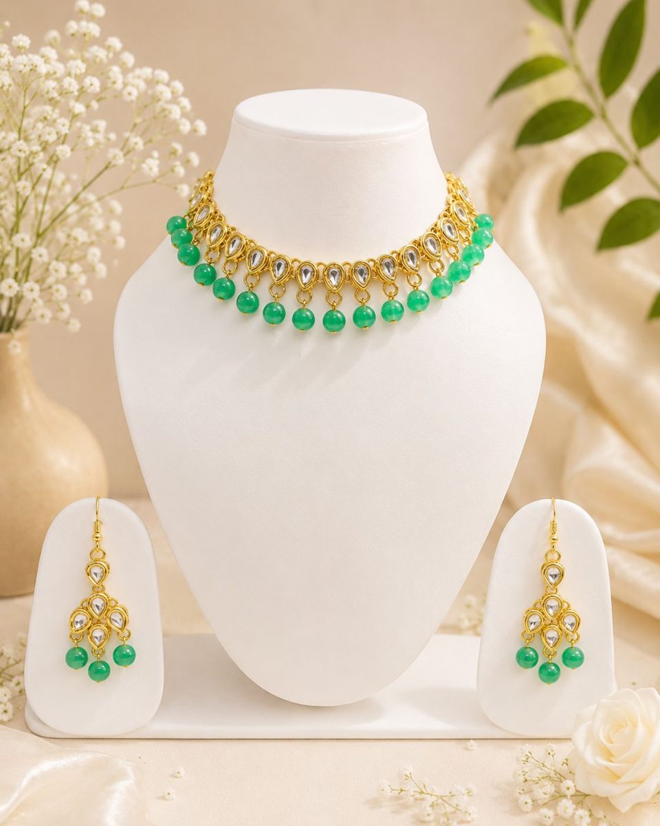 Green Kundan choker necklace set displayed on white jewellery stand