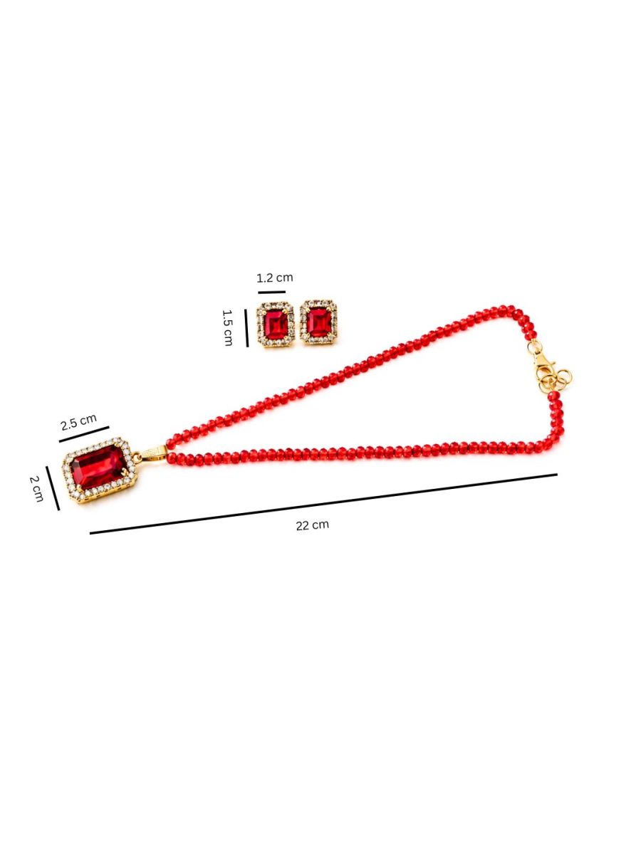Red beaded necklace set with rectangular crystal pendant and earrings- dimensions