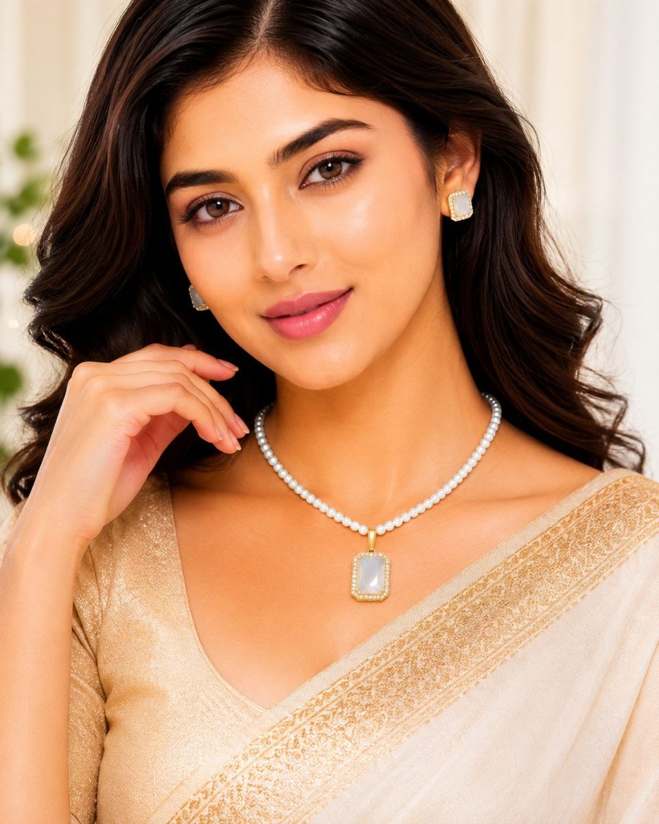 Woman wearing white crystal pearl pendant necklace set with matching stud earrings