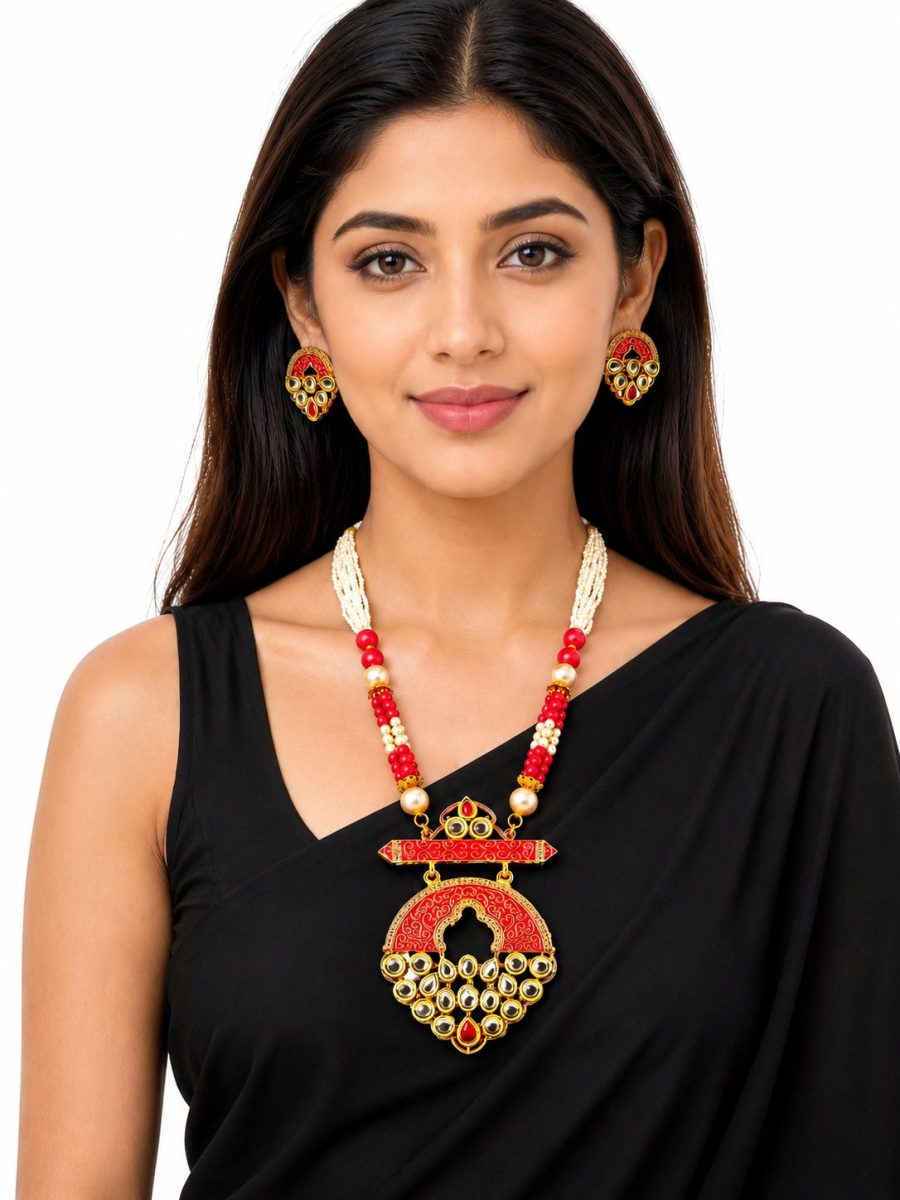 Women wearing Red and white beaded necklace set with Kundan pendant
