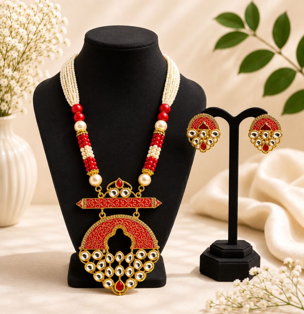 Red beaded Kundan necklace set with matching earrings and pearl strands