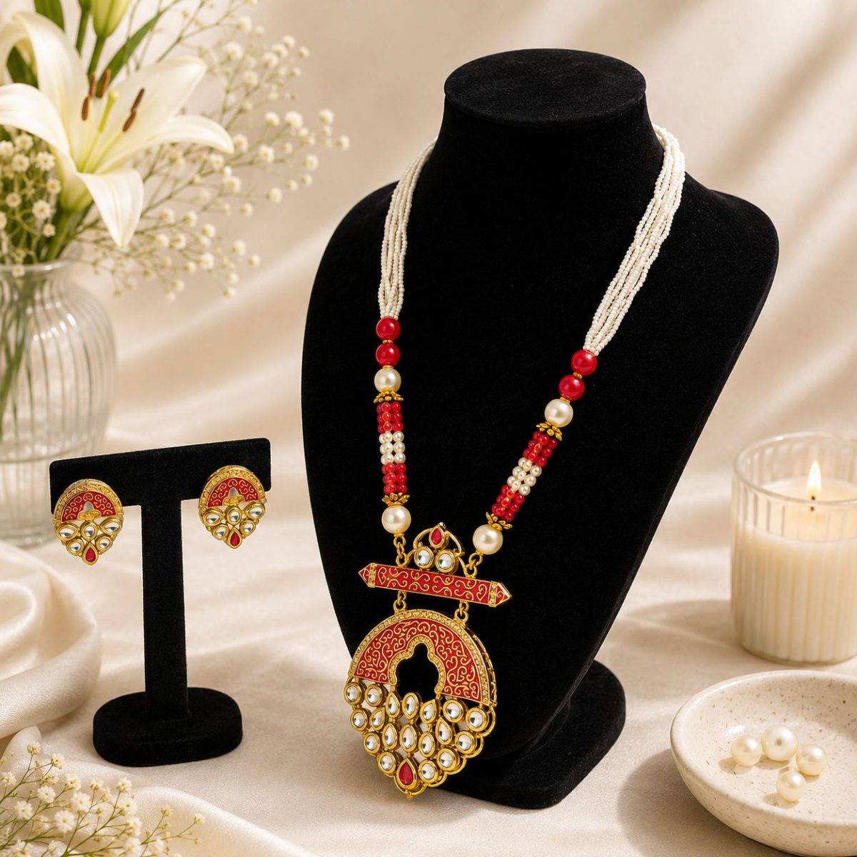 Red beaded Kundan necklace set with matching earrings and pearl strands side view