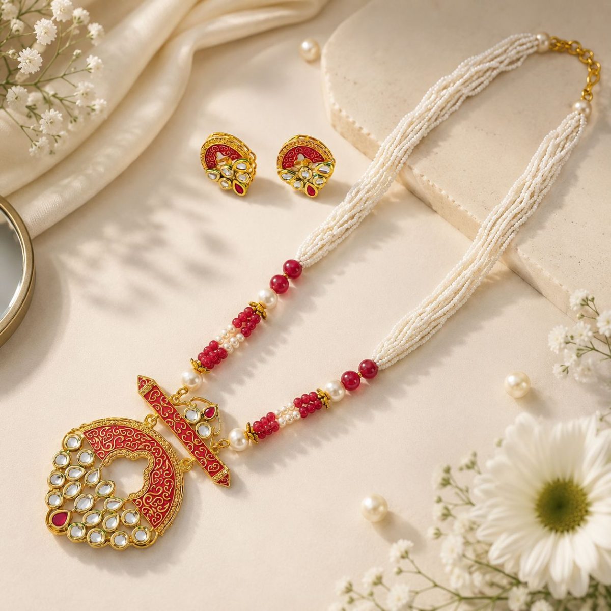 Red beaded Kundan necklace set with matching earrings and pearl flat view