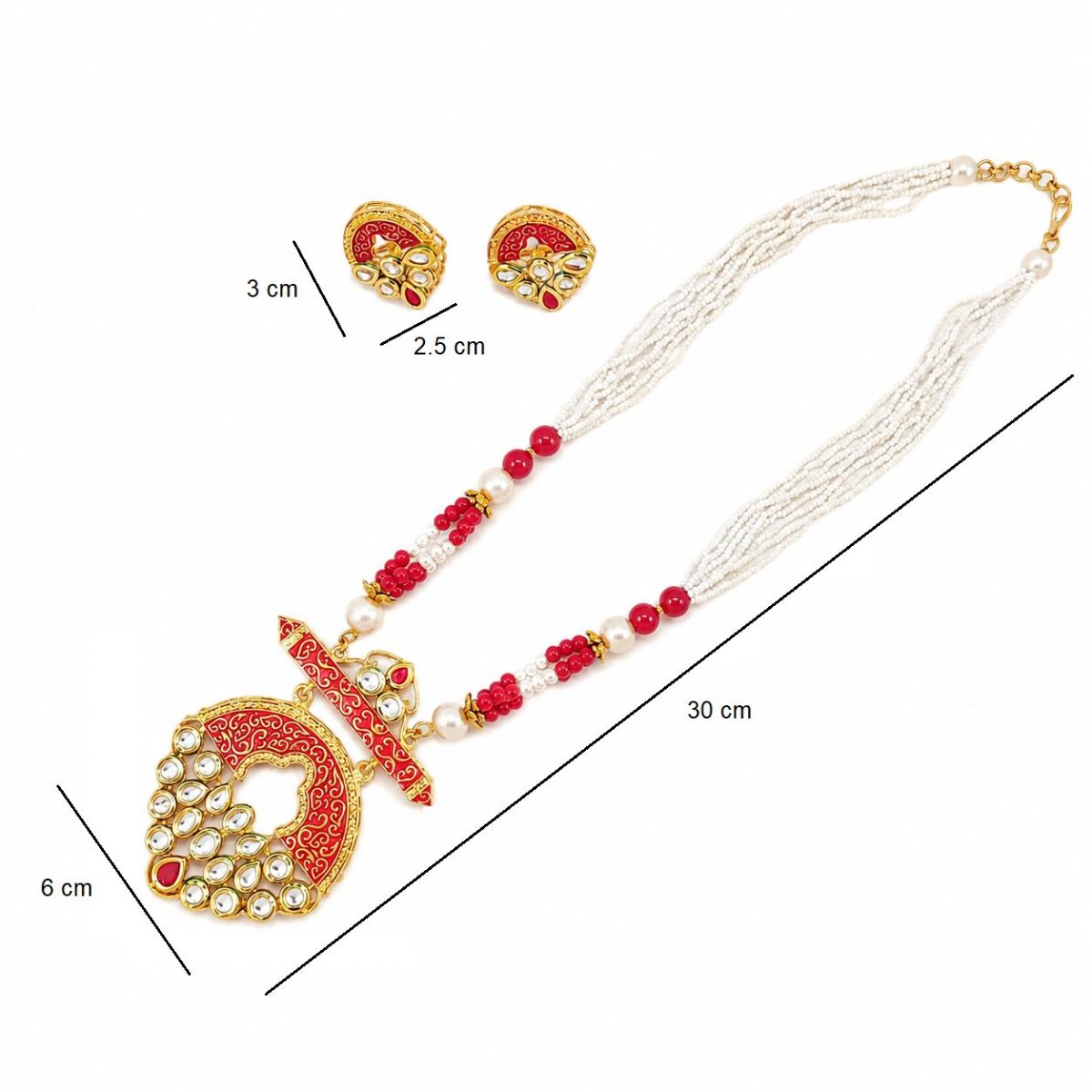 Red beaded Kundan necklace set with matching earrings and pearl dimensions