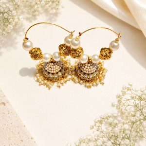 Traditional pearl hoop jhumka earrings with intricate gold detailing