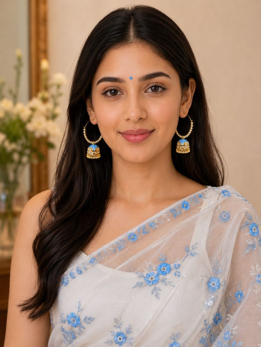 Woman wearing blue pearl jhumka hoop earrings with white floral saree