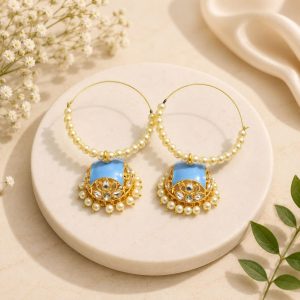 Blue pearl jhumka hoop earrings for women with ethnic design