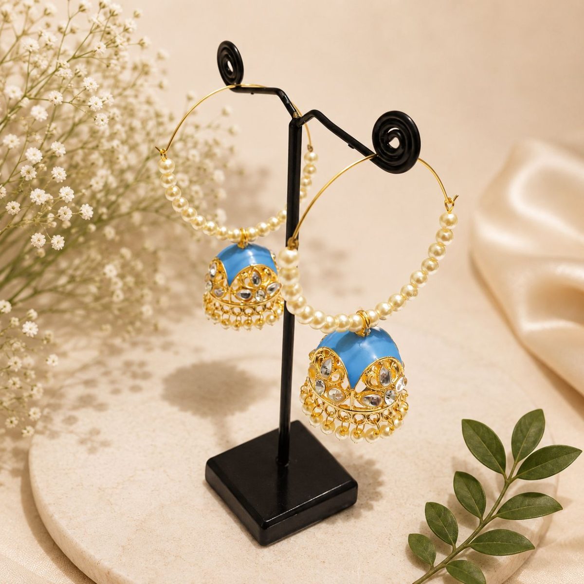 Gold plated blue enamel jhumka earrings with pearl hoop