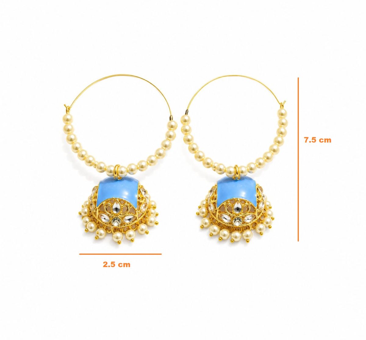 Traditional light blue pearl jhumka earrings for festive and wedding wear - Dimensions