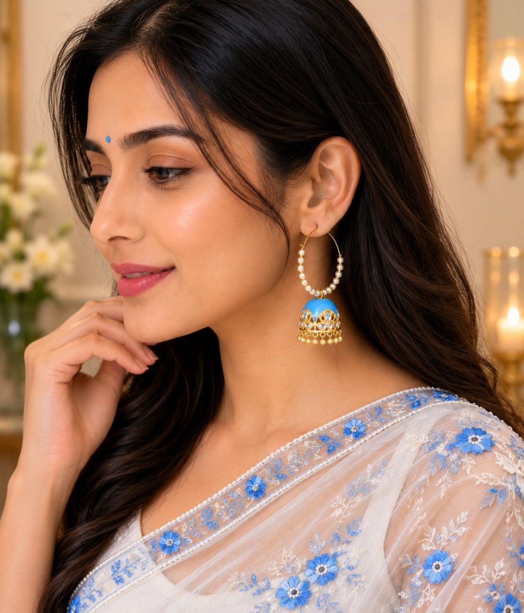 Side view of blue pearl jhumka earrings with gold hoop and enamel detailing
