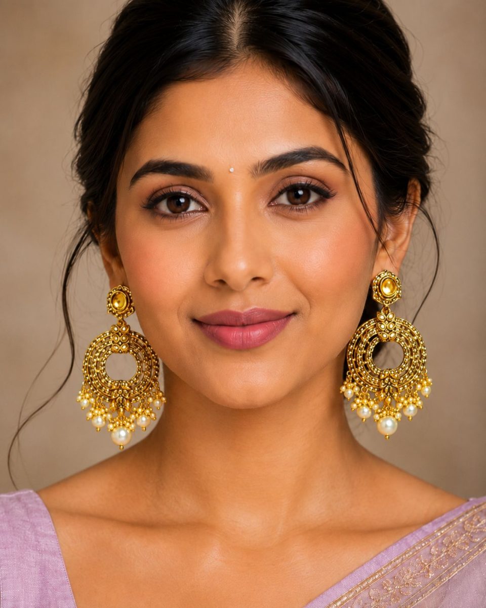 Woman wearing gold plated pearl drop chandbali earrings with traditional ethnic attire
