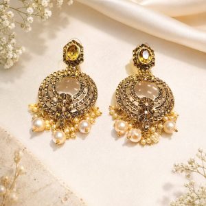 Gold plated chandbali earrings with pearl drops front view