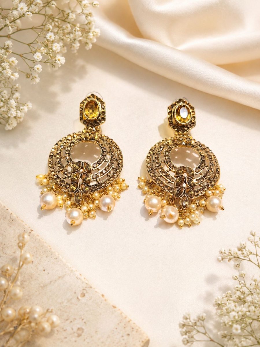Gold plated chandbali earrings with pearl drops front view