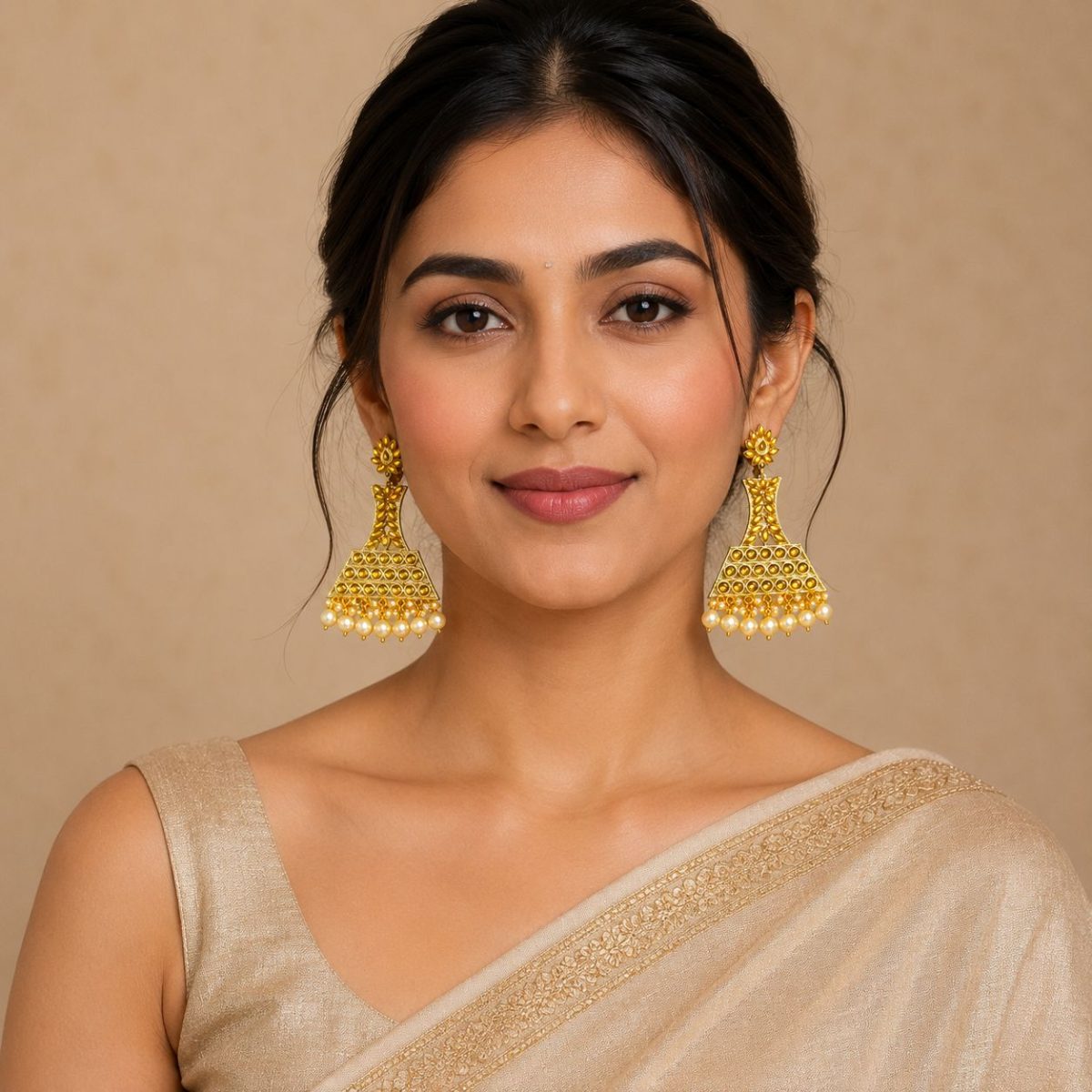Woman wearing gold plated pearl drop jhumka earrings with ethnic saree