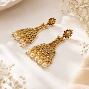 Traditional gold tone jhumka earrings with pearl drops