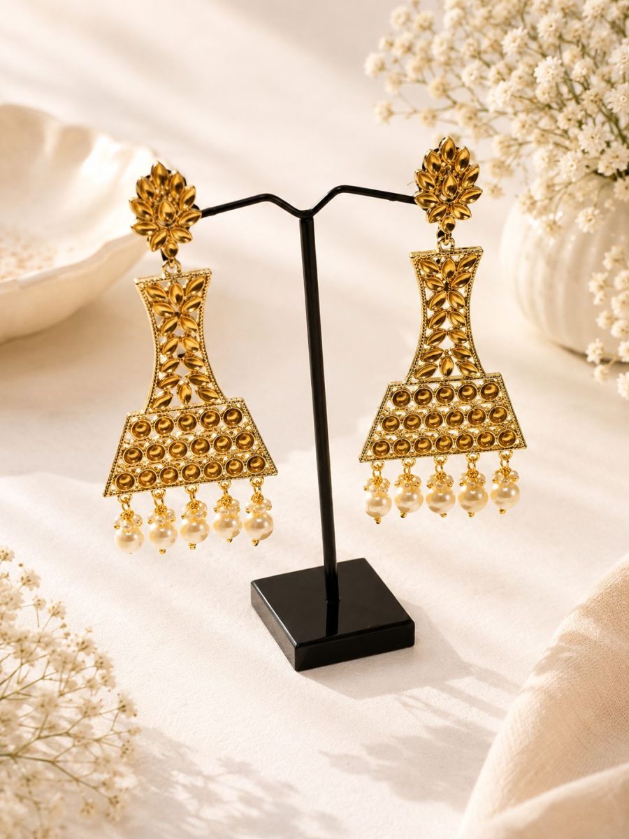 Designer Indian jhumka earrings with gold finish and pearls