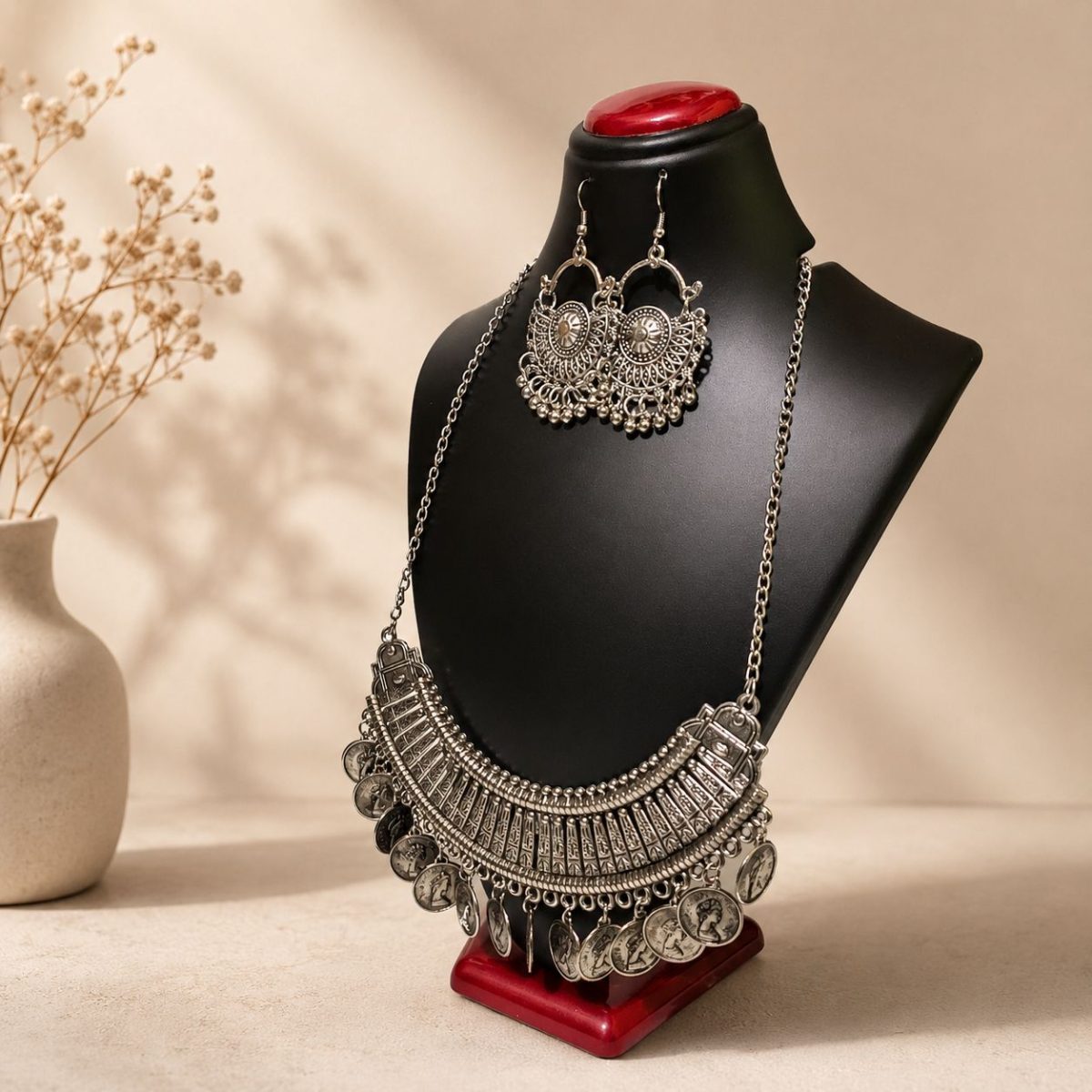 Oxidised silver-tone coin necklace set with matching earrings