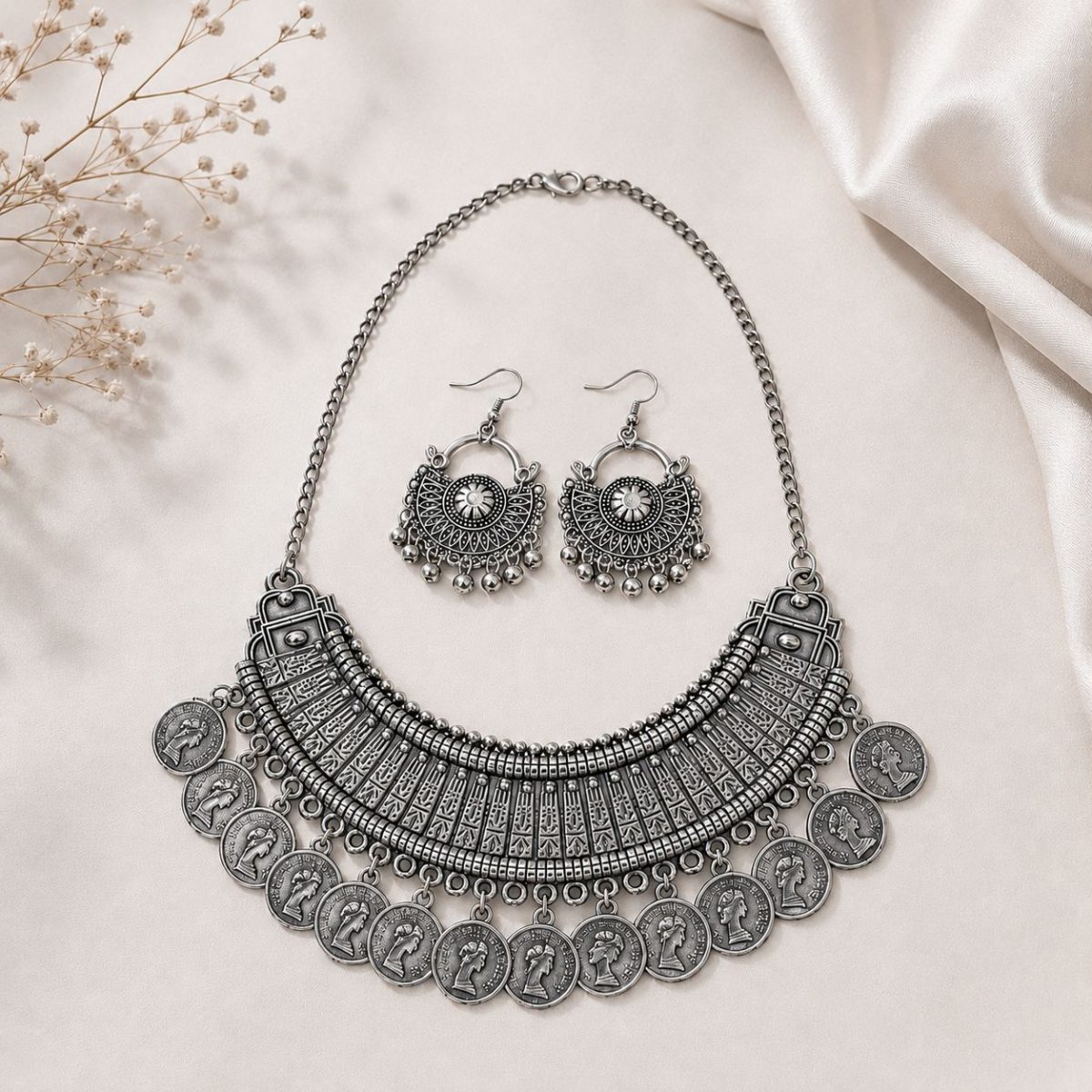 oxidesed coin necklace set on stand on flat surface
