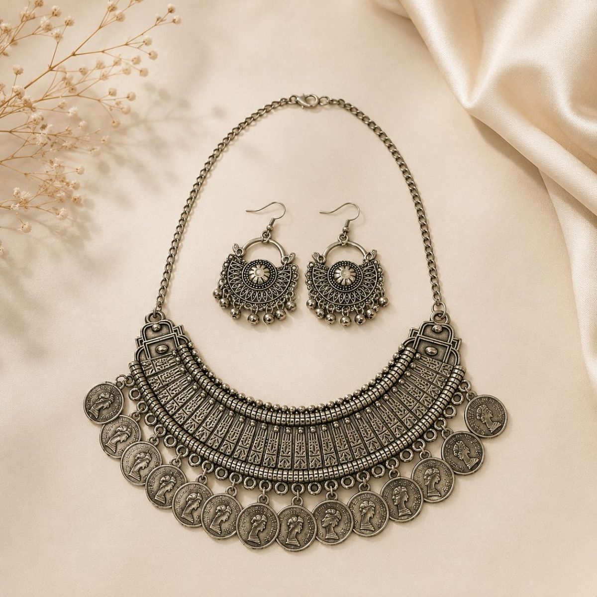 Oxidised coin necklace set with earrings for women
