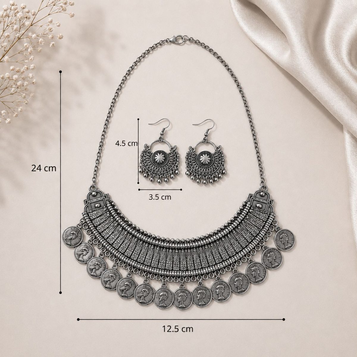 oxidesed coin necklace set on stand with dimensions