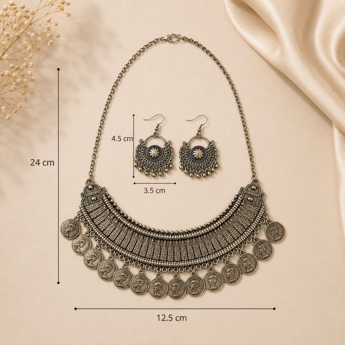 Oxidised coin necklace set with earrings dimensions and size chart, ethnic jewellery for women.
