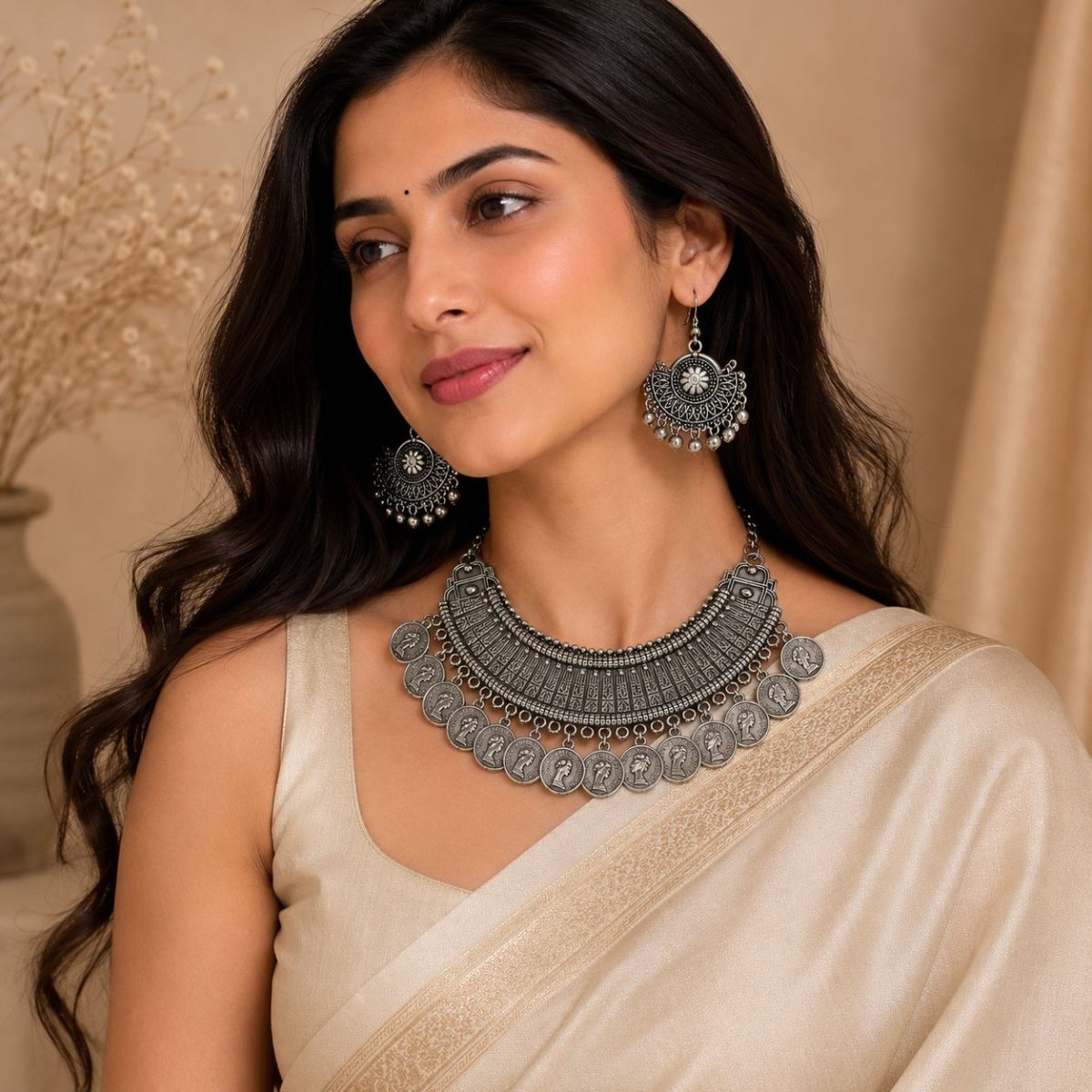 women wearing oxidesed coin necklace set