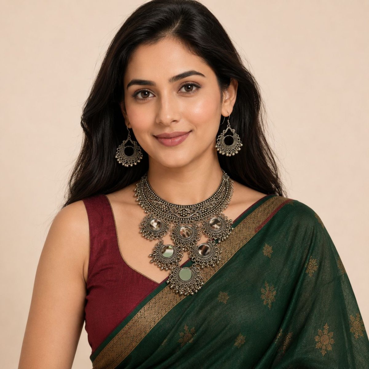Woman wearing oxidised mirror necklace set with matching earrings and saree