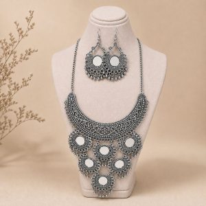 mirror necklace set with earrings on stand front view