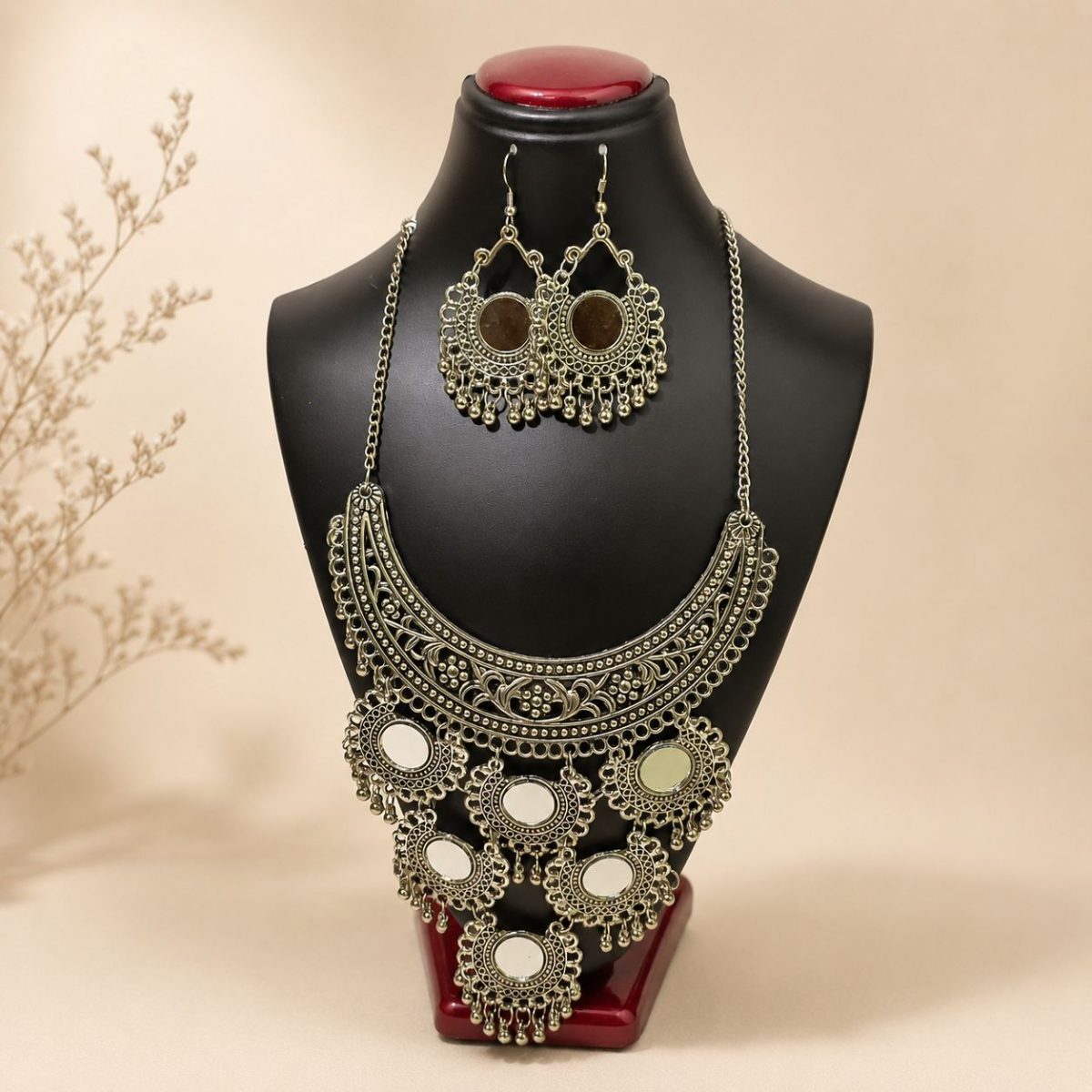 Oxidised mirror necklace set with matching earrings for women