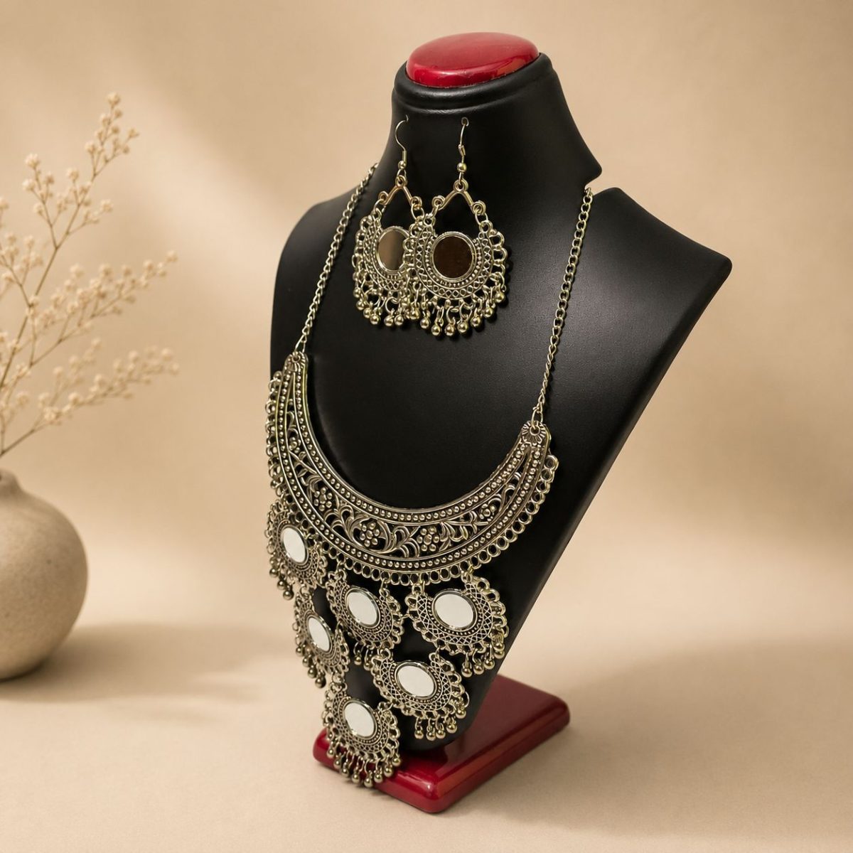 Ethnic oxidised necklace set with mirror work