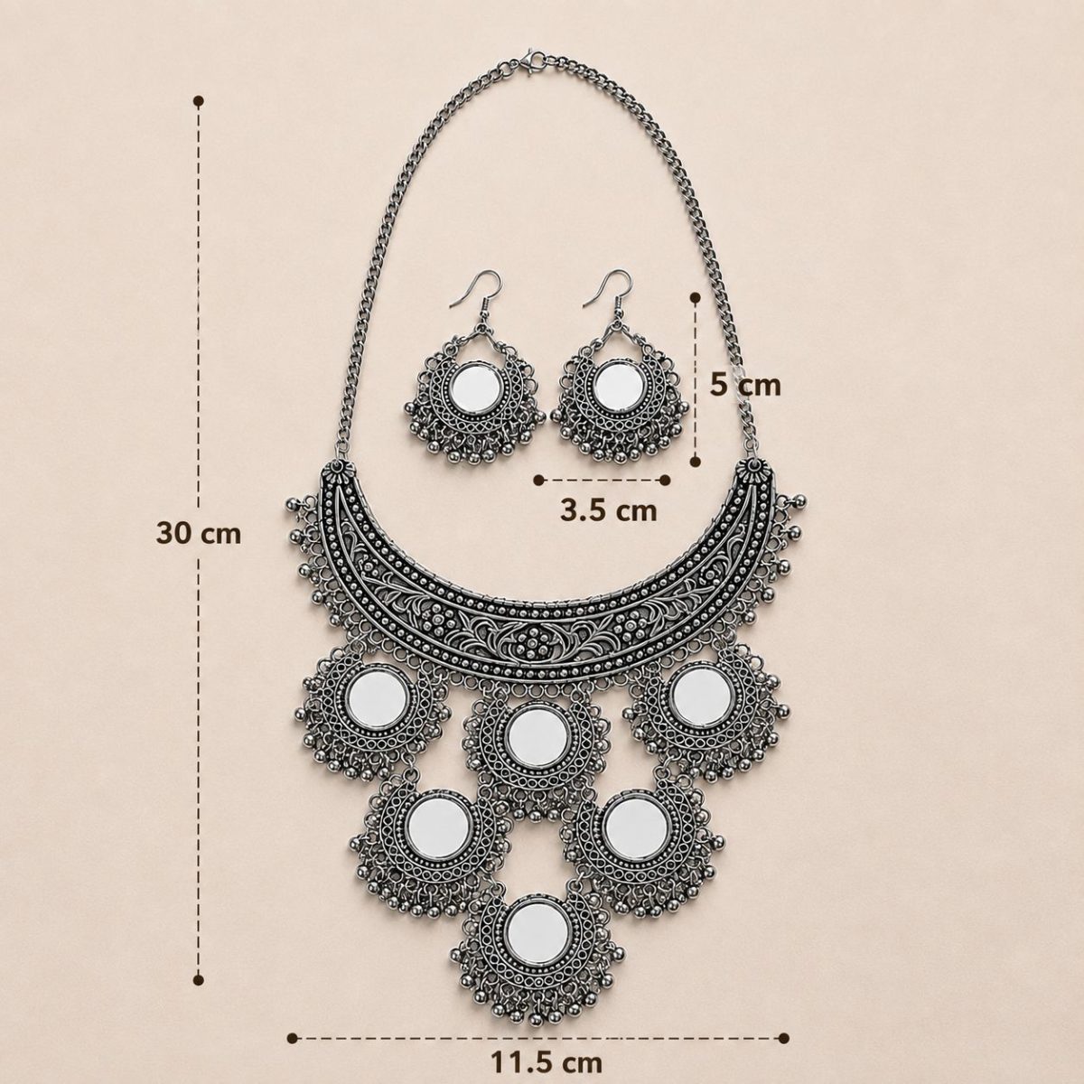mirror necklace set with earrings with dimensions