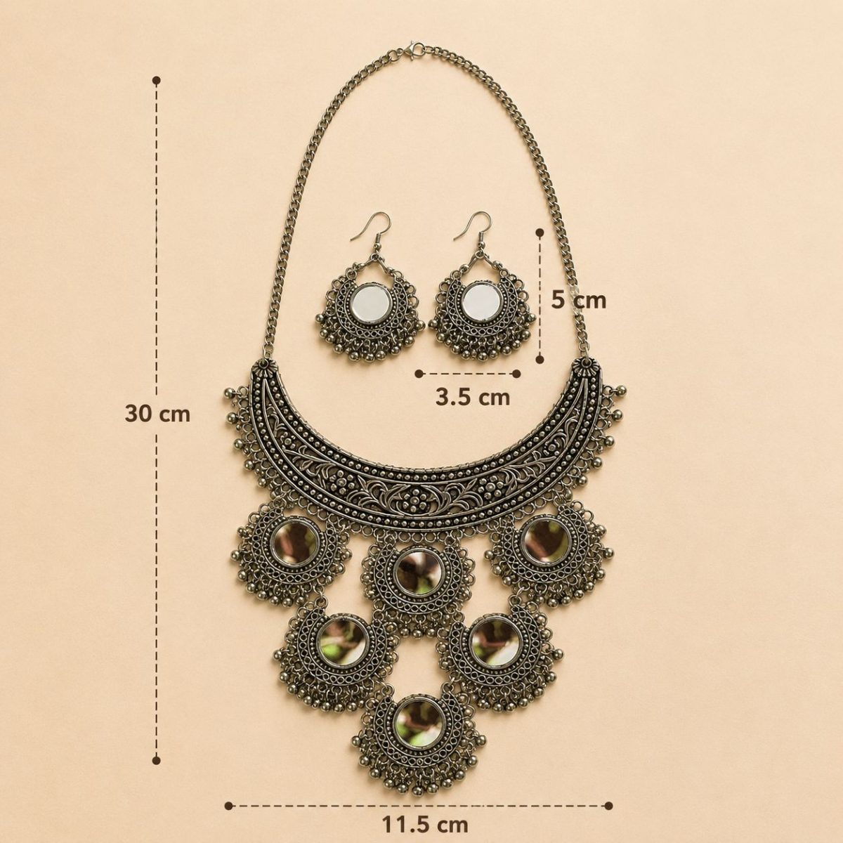 Oxidised mirror necklace set with earrings size chart and dimensions