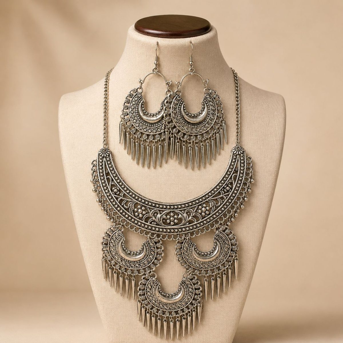 Oxidised tribal crescent necklace set with matching earrings for women
