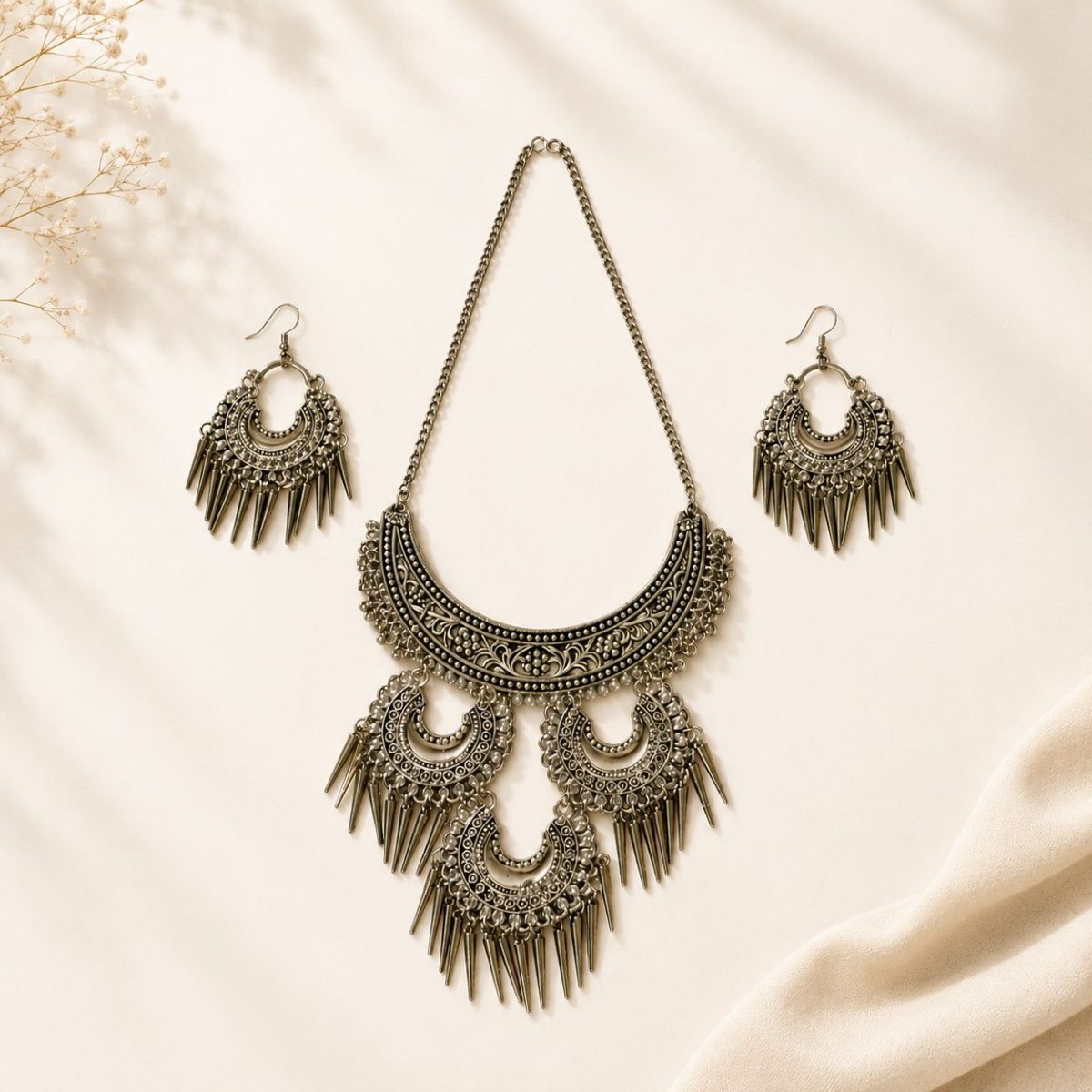 Oxidised silver tribal crescent necklace and earring set