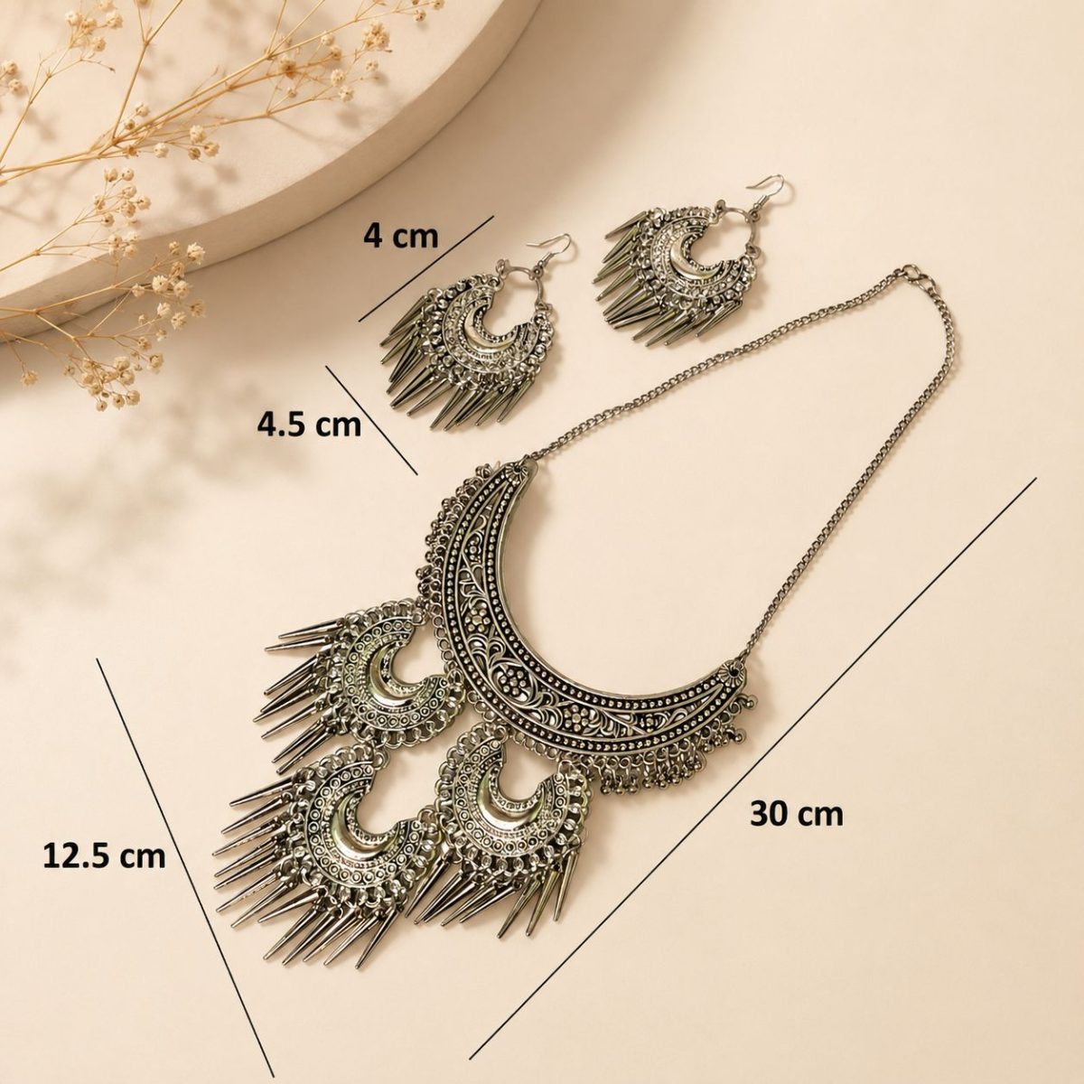 Oxidised tribal crescent necklace set dimensions and size details