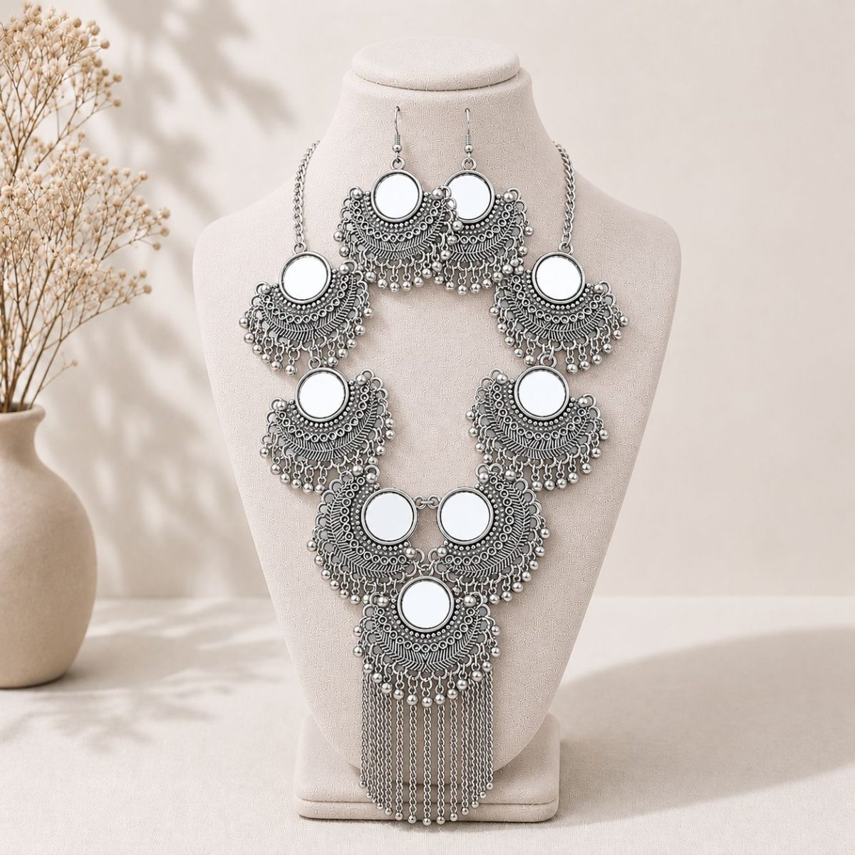 mirror necklace set on white stand front view